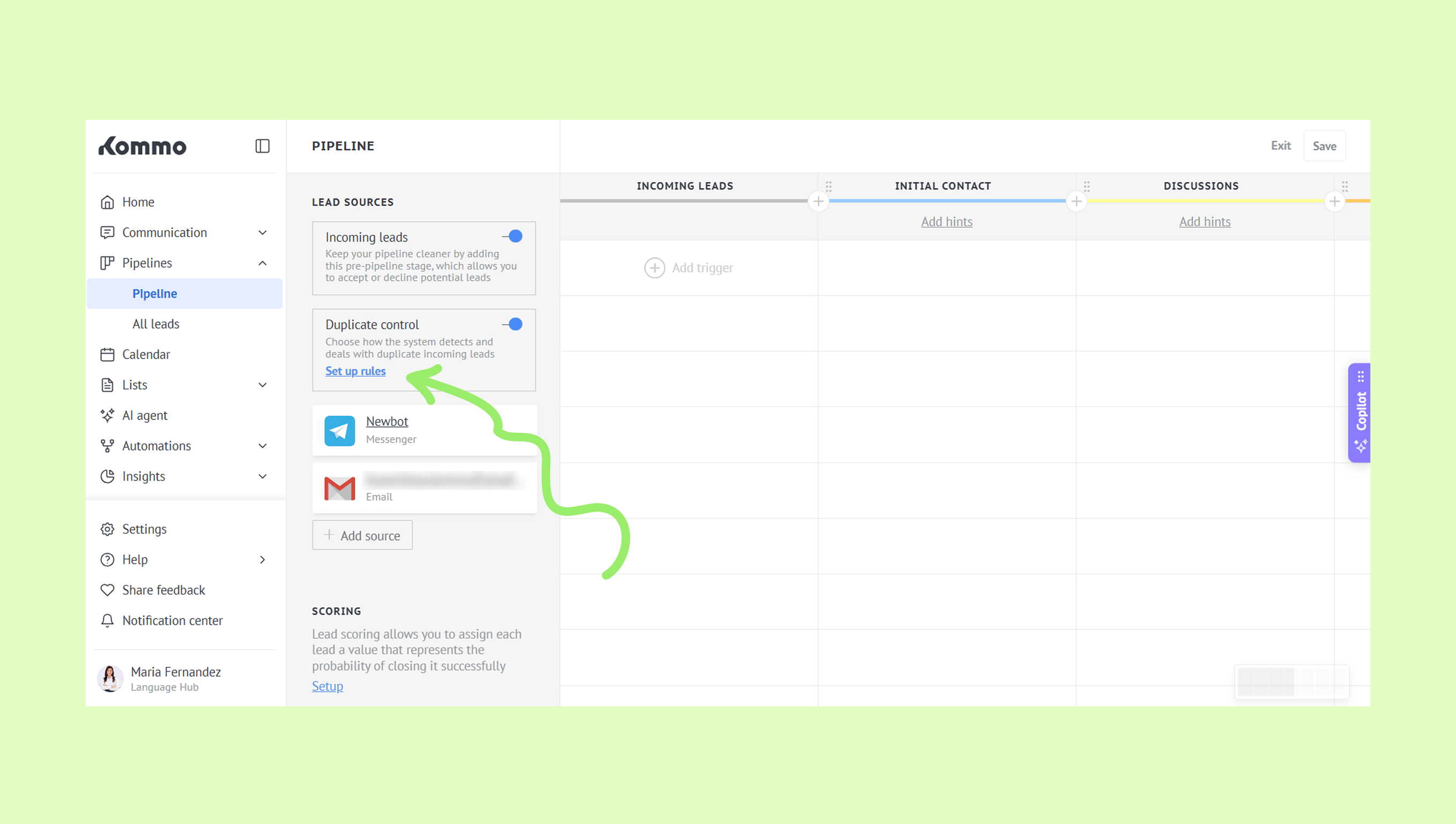 Pipeline interface showing duplicate control settings and lead management options.